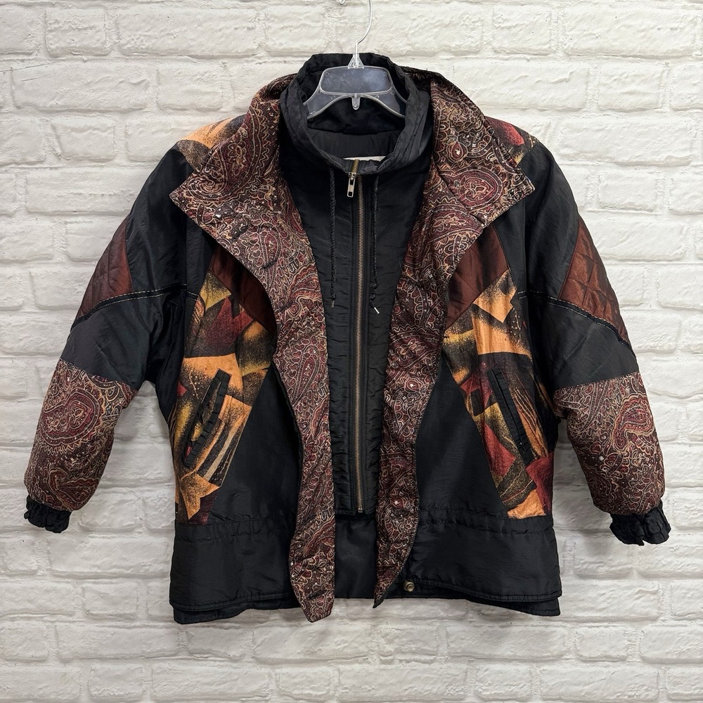 Vtg 80's Mulberry Street Jacket Women's L Black Paisley Patchwork Quilted Coat